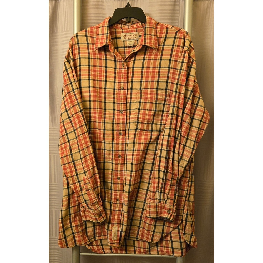 Mens Abercrombie & Fitch Plaid Button Down Shirt Orange Tan Navy Cotton Large